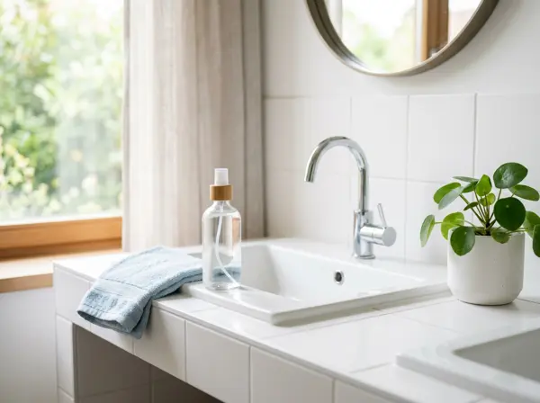 Bright bathroom vanity with a white sink, folded light-blue towel, and a spray bottle in natural light