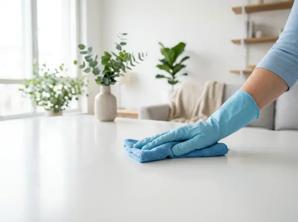 Gloved hand wiping a smooth white tabletop with a microfiber cloth in a minimalist room