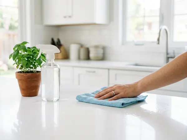 Hand wiping a clean white kitchen countertop with a light-blue microfiber cloth next to a clear spray bottle and basil plant