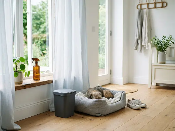 Freshly tidied home entryway with an open window, pet bed, lidded trash bin, and a spray bottle on the windowsill